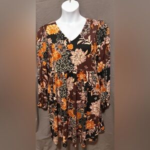 Maurices Floral V-Neck Boho Dress in Brown, Black & Orange